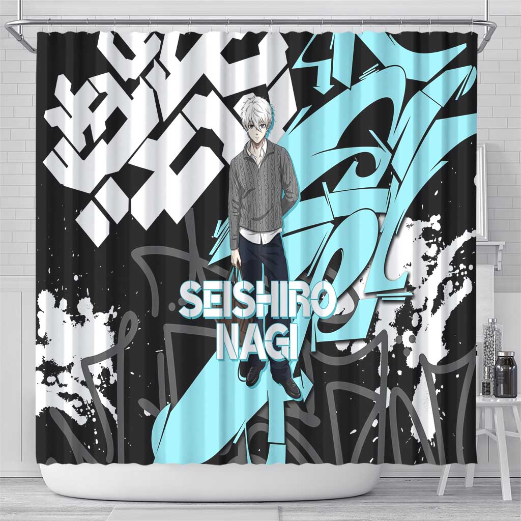 Seishiro Nagi Blue Lock Shower Curtain Light Blue Graffiti Anime Style