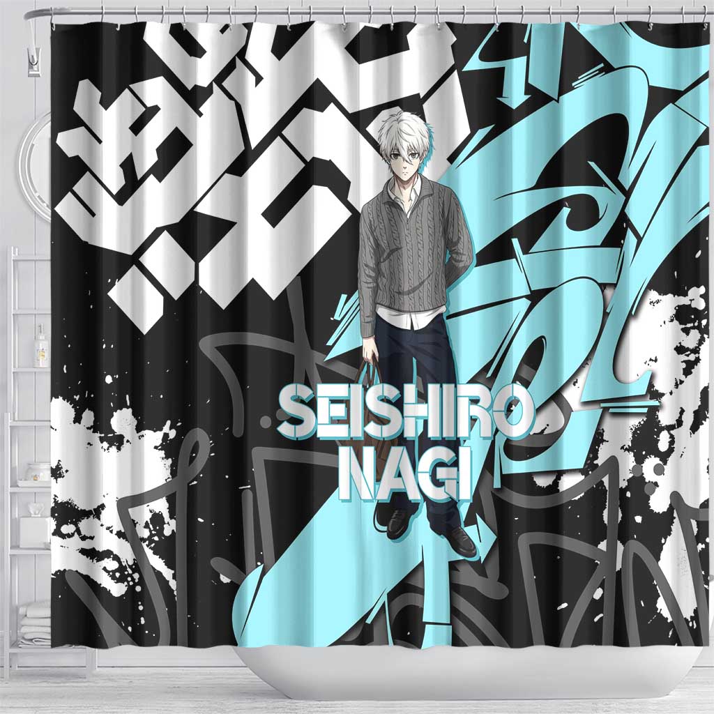 Seishiro Nagi Blue Lock Shower Curtain Light Blue Graffiti Anime Style