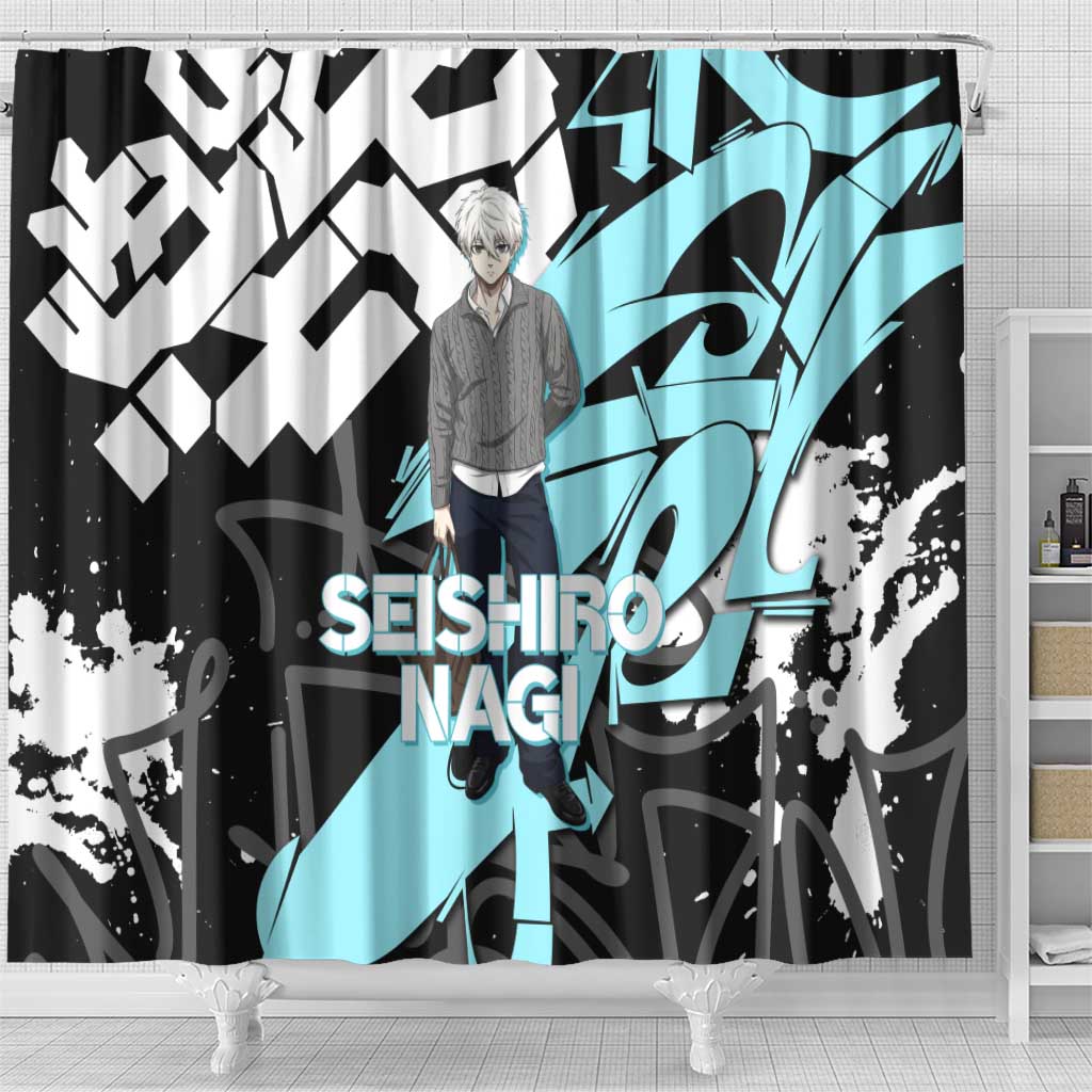 Seishiro Nagi Blue Lock Shower Curtain Light Blue Graffiti Anime Style