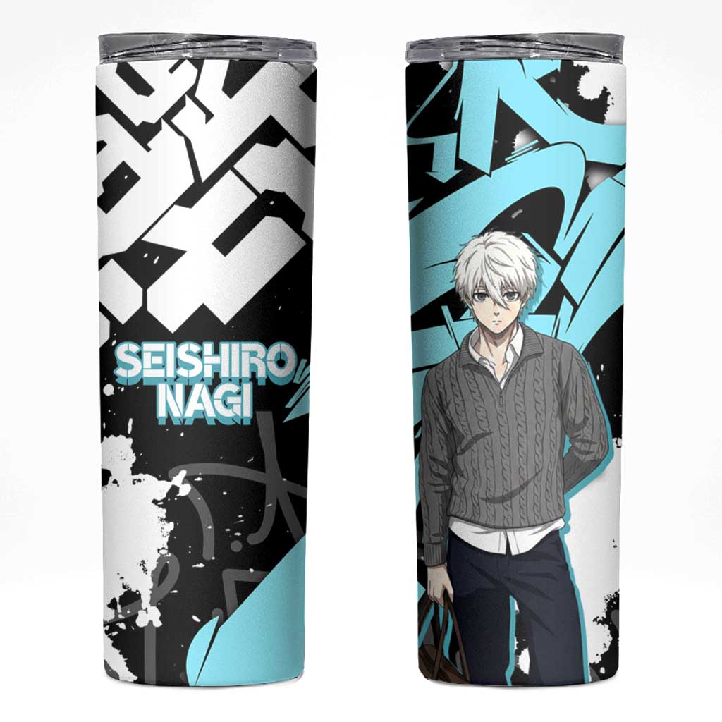 Seishiro Nagi Blue Lock Skinny Tumbler Light Blue Graffiti Anime Style