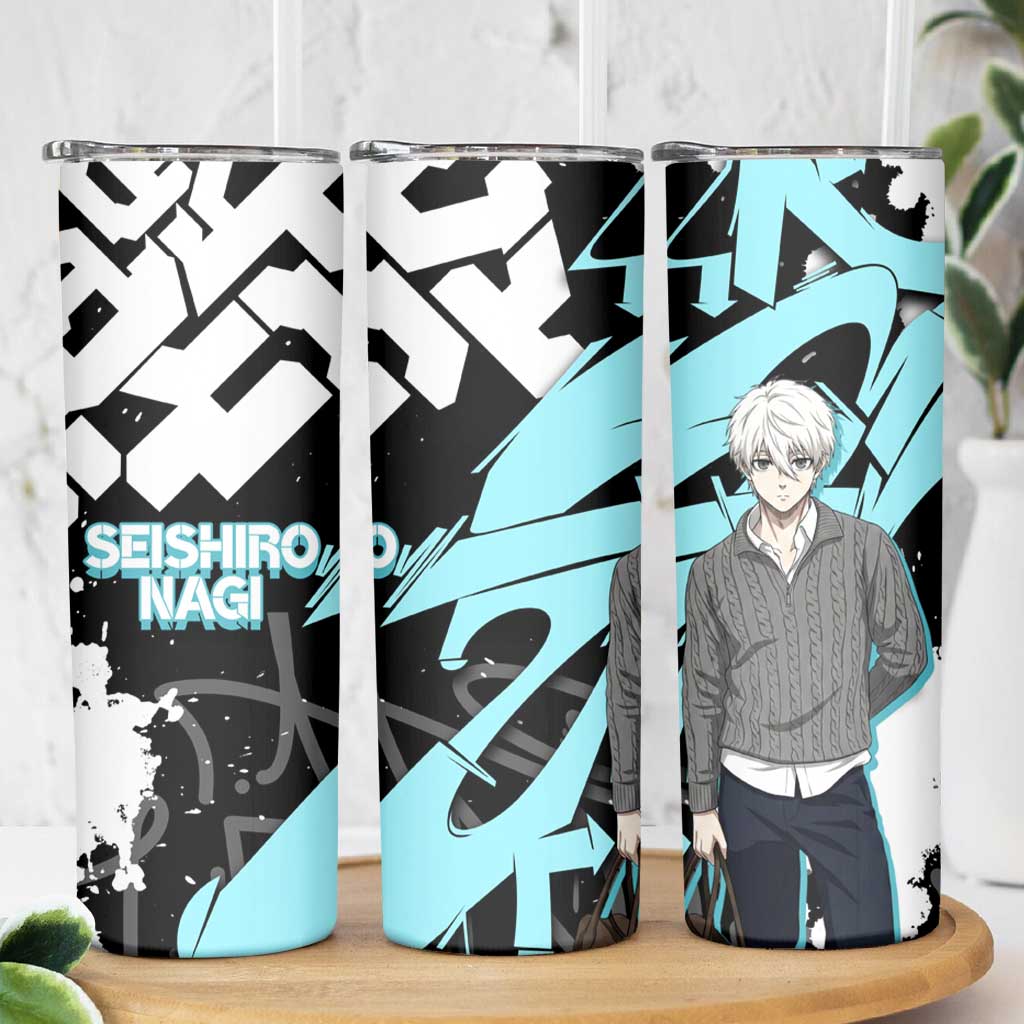 Seishiro Nagi Blue Lock Skinny Tumbler Light Blue Graffiti Anime Style