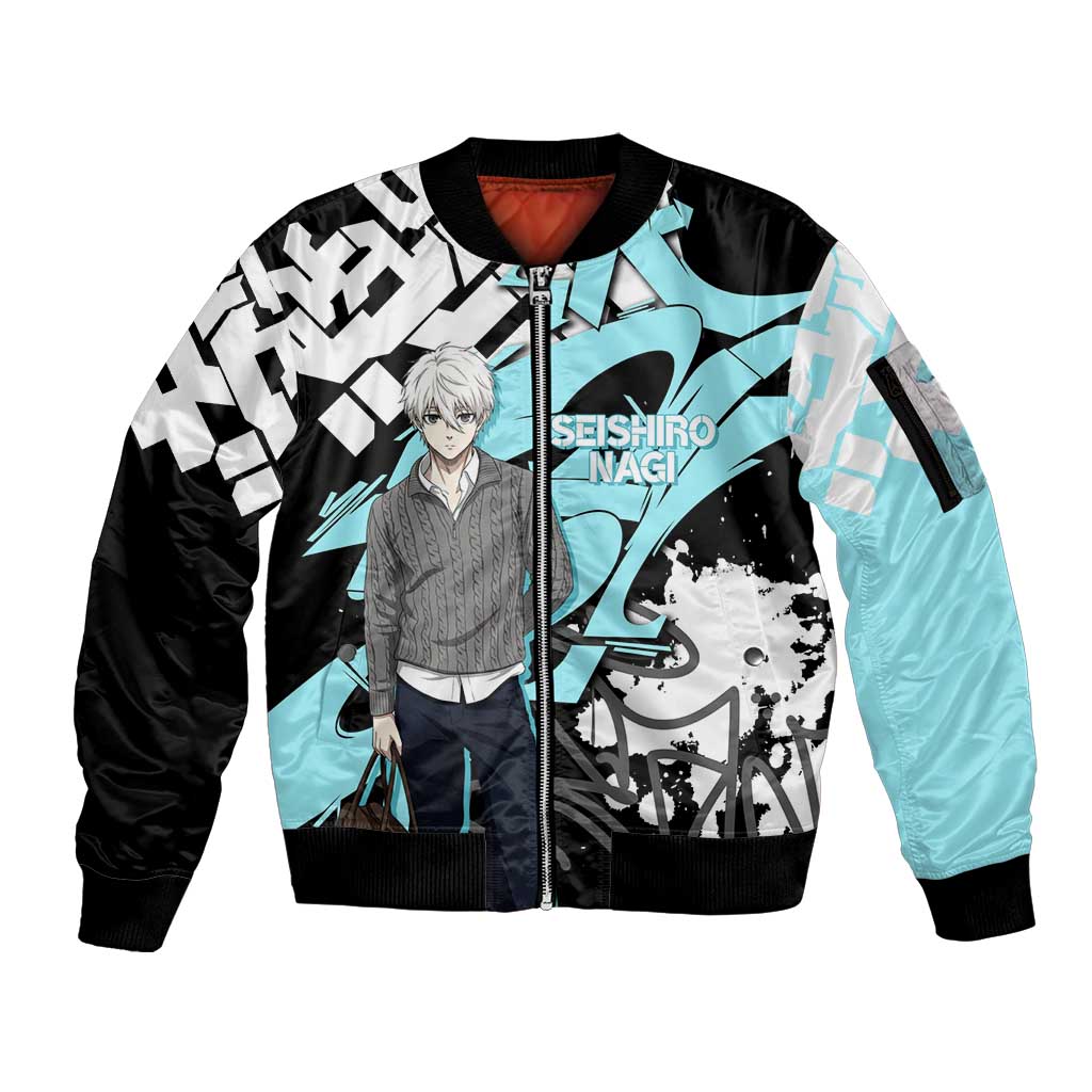Seishiro Nagi Blue Lock Sleeve Zip Bomber Jacket Light Blue Graffiti Anime Style