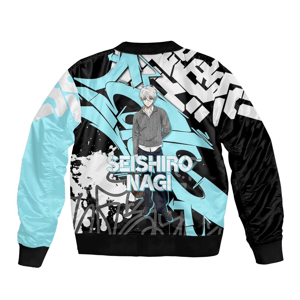Seishiro Nagi Blue Lock Sleeve Zip Bomber Jacket Light Blue Graffiti Anime Style