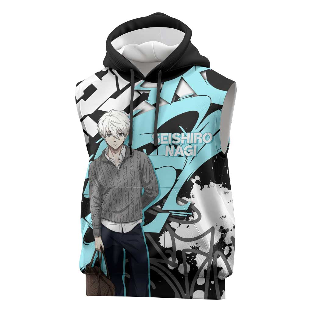 Seishiro Nagi Blue Lock Sleeveless Hoodie Light Blue Graffiti Anime Style