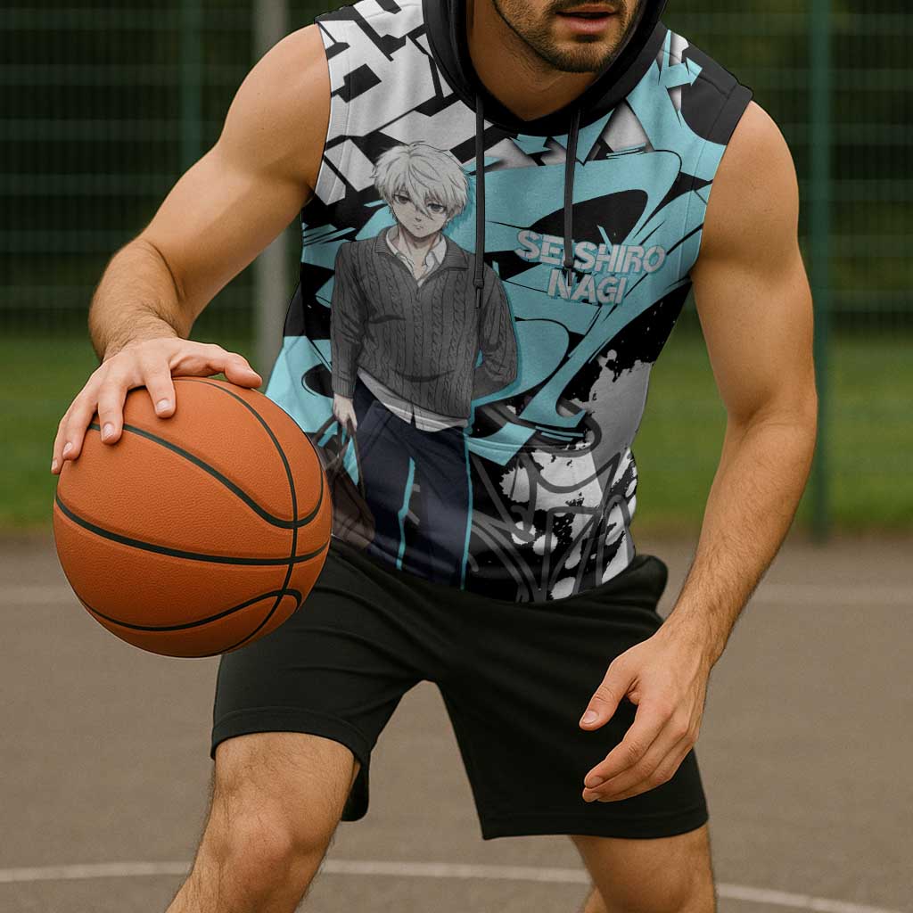 Seishiro Nagi Blue Lock Sleeveless Hoodie Light Blue Graffiti Anime Style
