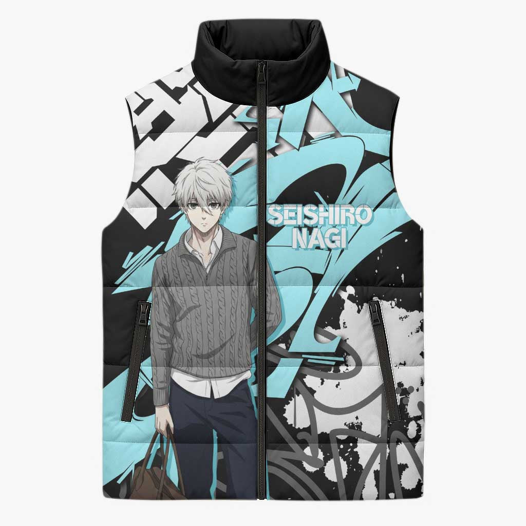 Seishiro Nagi Blue Lock Sleeveless Puffer Jacket Light Blue Graffiti Anime Style