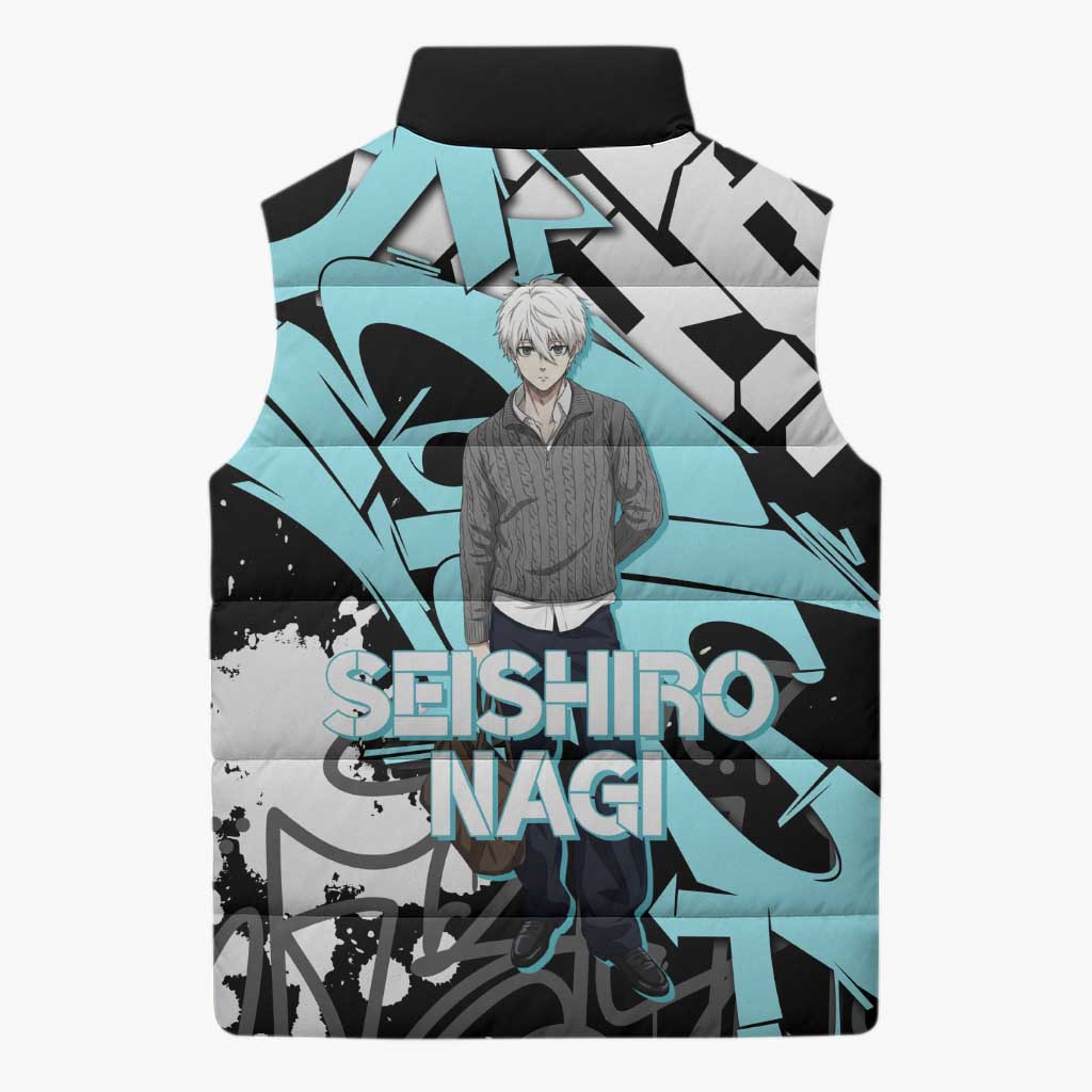 Seishiro Nagi Blue Lock Sleeveless Puffer Jacket Light Blue Graffiti Anime Style