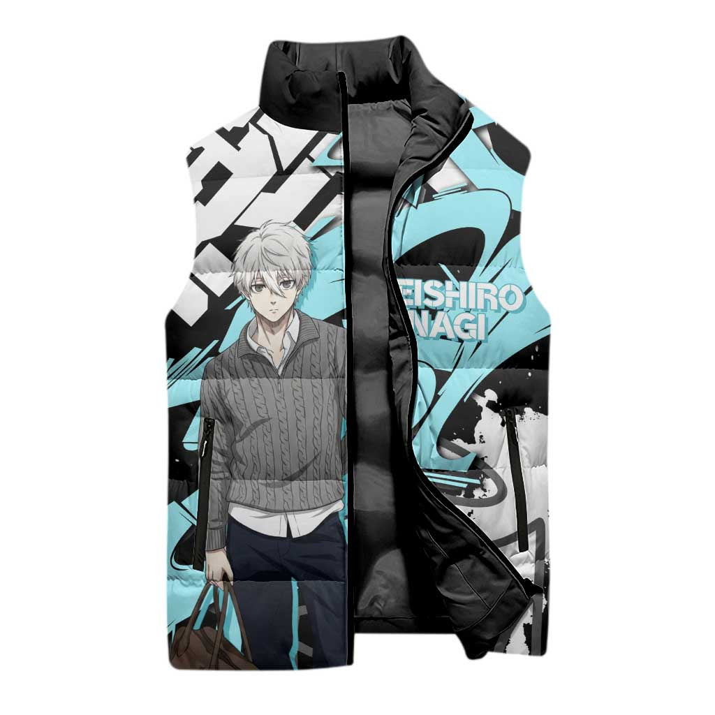 Seishiro Nagi Blue Lock Sleeveless Puffer Jacket Light Blue Graffiti Anime Style