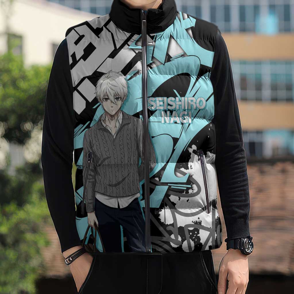 Seishiro Nagi Blue Lock Sleeveless Puffer Jacket Light Blue Graffiti Anime Style