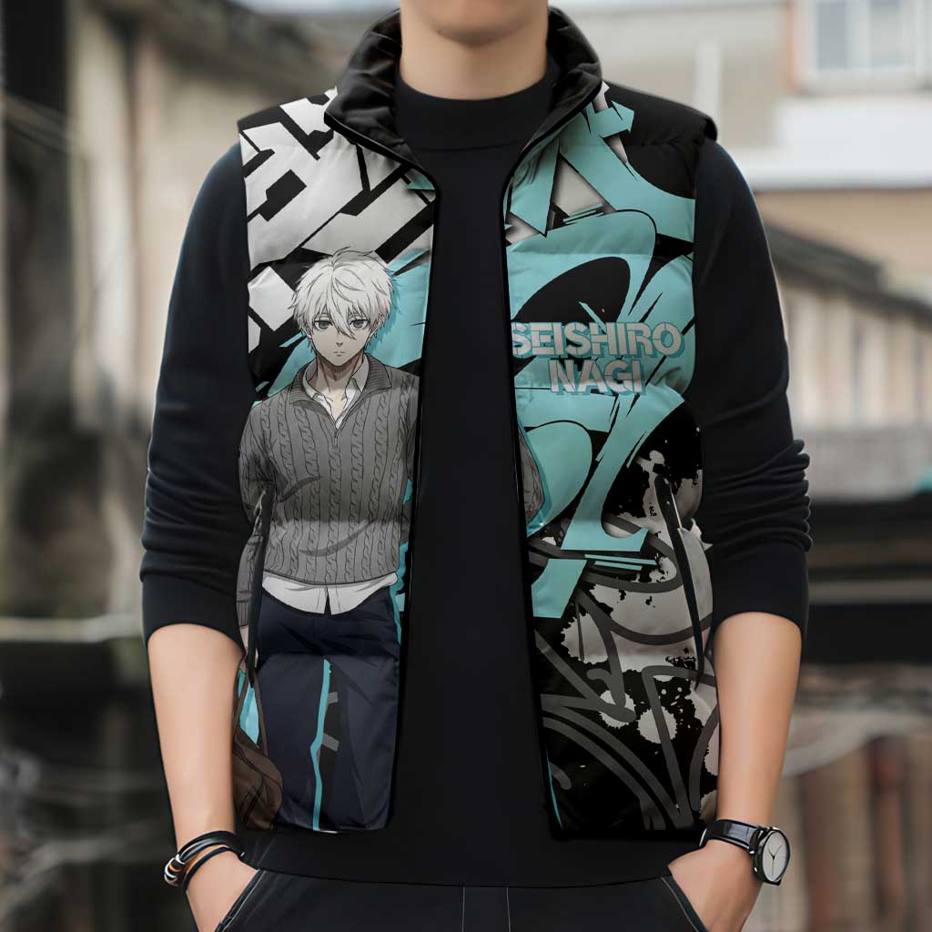 Seishiro Nagi Blue Lock Sleeveless Puffer Jacket Light Blue Graffiti Anime Style