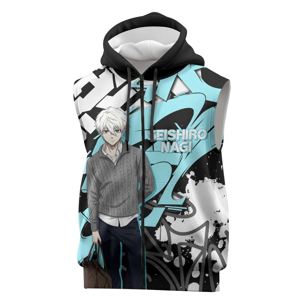 Seishiro Nagi Blue Lock Sleeveless Zip Hoodie Light Blue Graffiti Anime Style