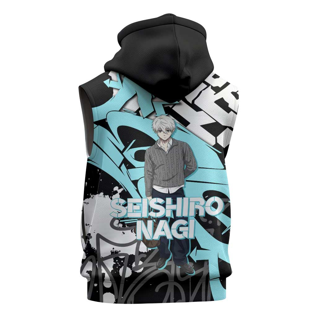 Seishiro Nagi Blue Lock Sleeveless Zip Hoodie Light Blue Graffiti Anime Style