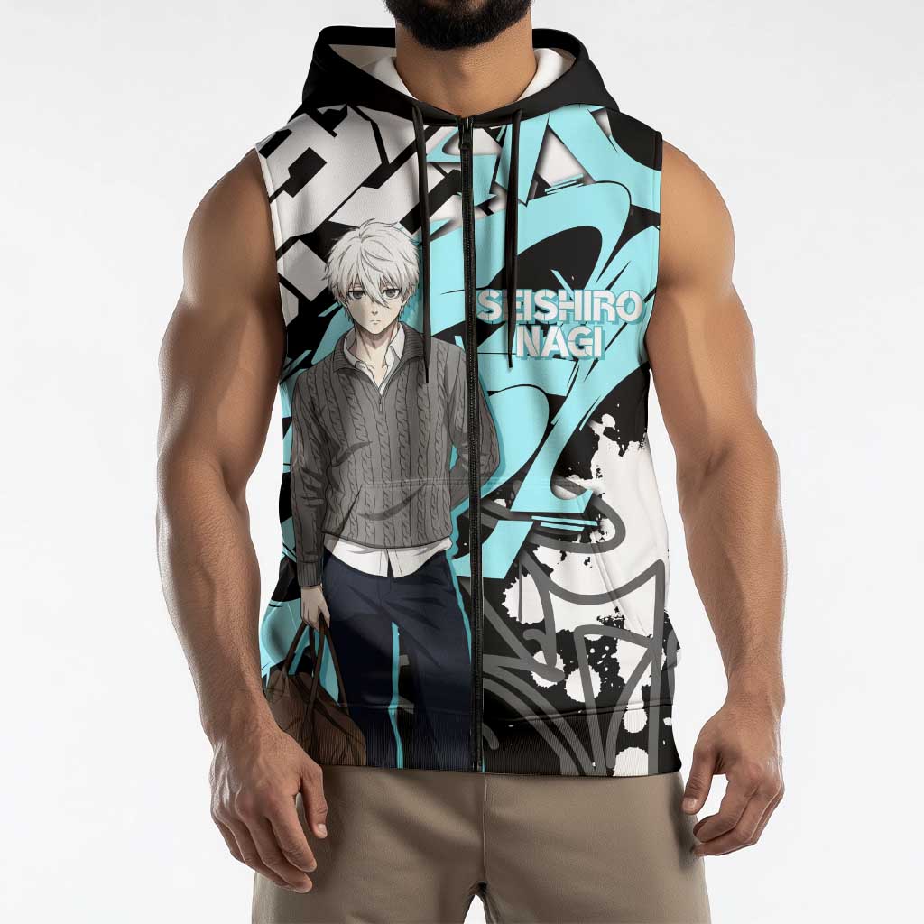 Seishiro Nagi Blue Lock Sleeveless Zip Hoodie Light Blue Graffiti Anime Style