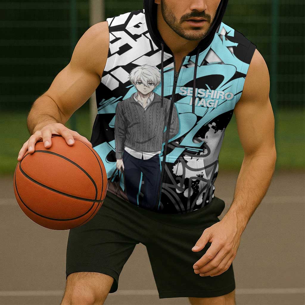 Seishiro Nagi Blue Lock Sleeveless Zip Hoodie Light Blue Graffiti Anime Style