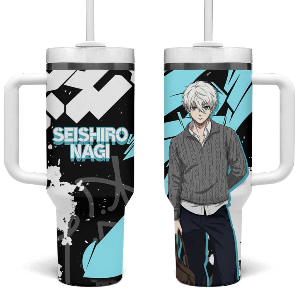 Seishiro Nagi Blue Lock Tumbler With Handle Light Blue Graffiti Anime Style