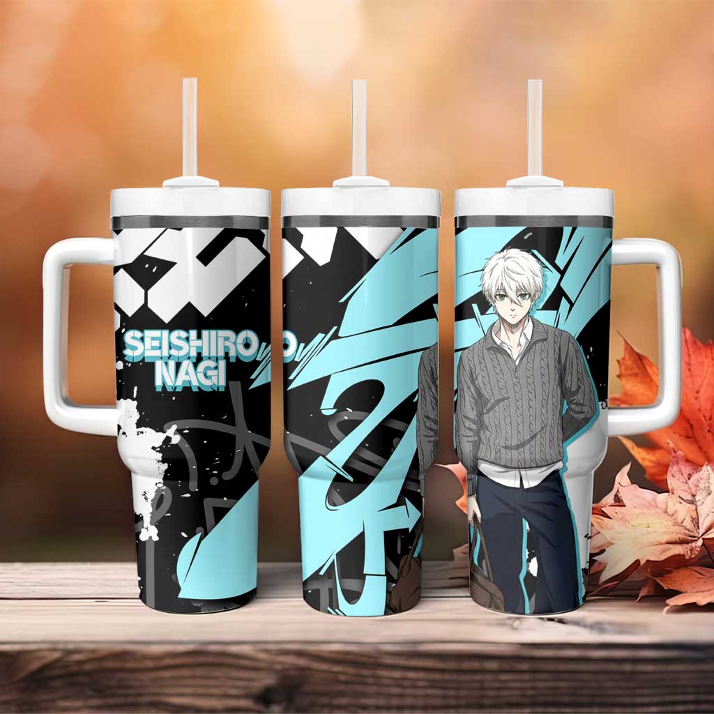 Seishiro Nagi Blue Lock Tumbler With Handle Light Blue Graffiti Anime Style