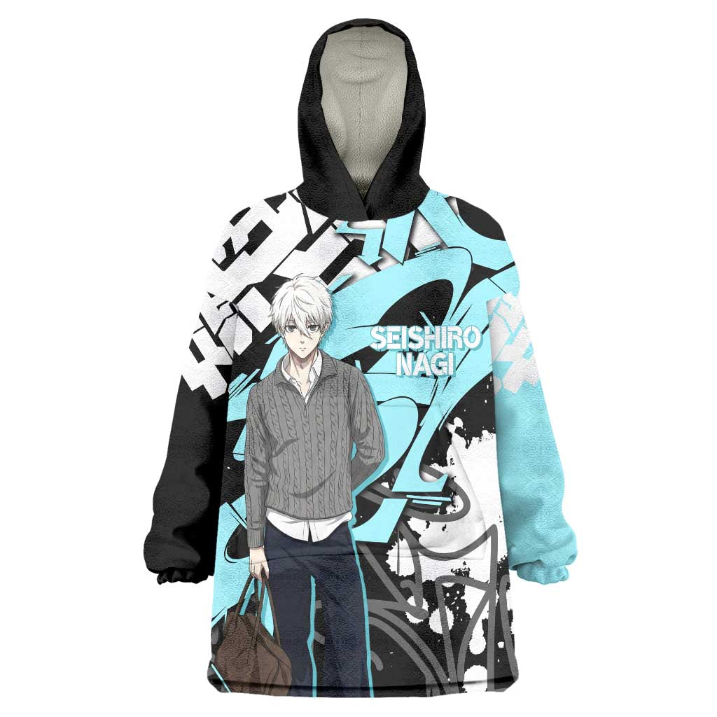 Seishiro Nagi Blue Lock Wearable Blanket Hoodie Light Blue Graffiti Anime Style