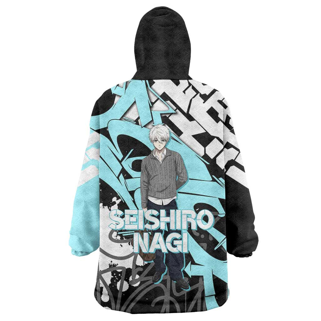 Seishiro Nagi Blue Lock Wearable Blanket Hoodie Light Blue Graffiti Anime Style