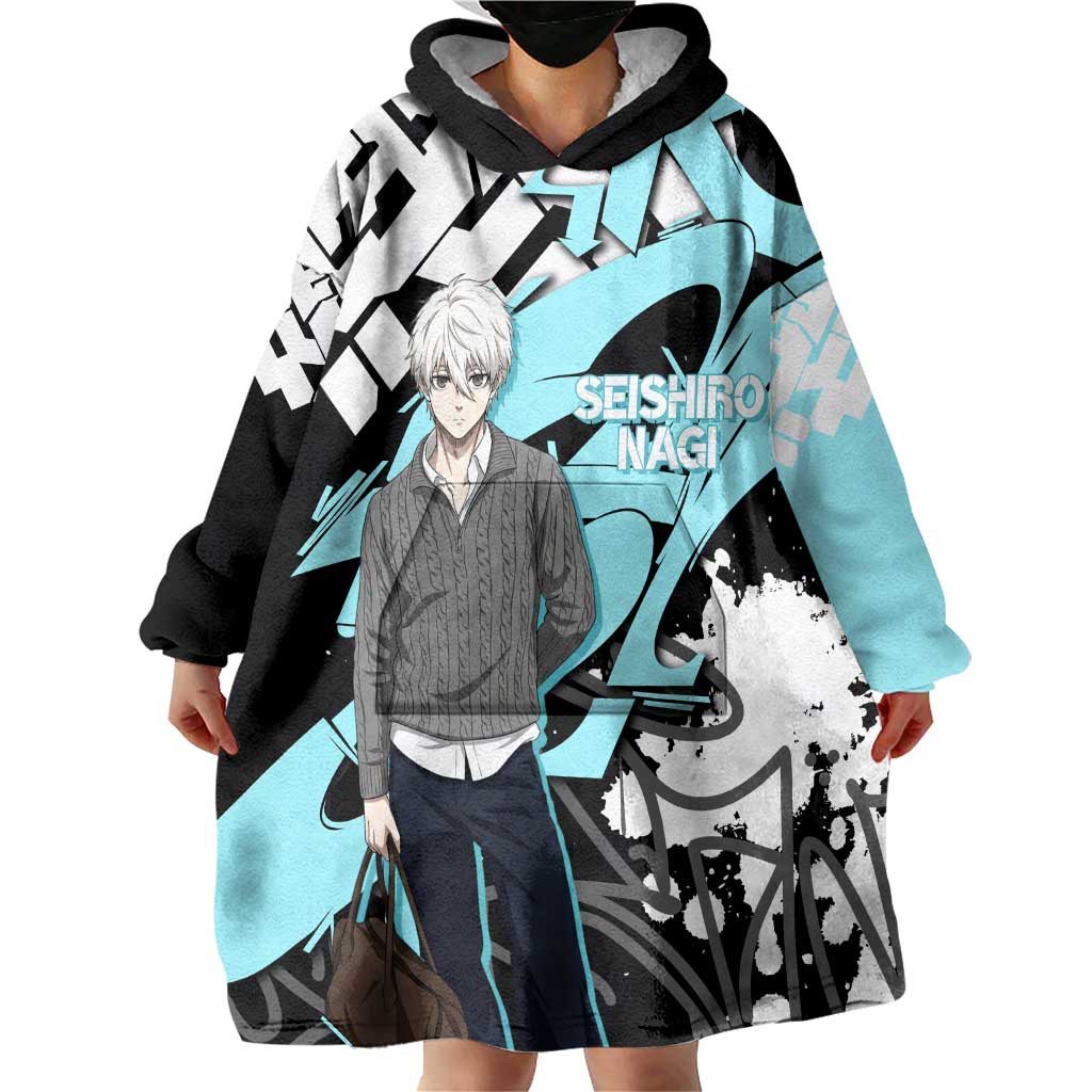 Seishiro Nagi Blue Lock Wearable Blanket Hoodie Light Blue Graffiti Anime Style