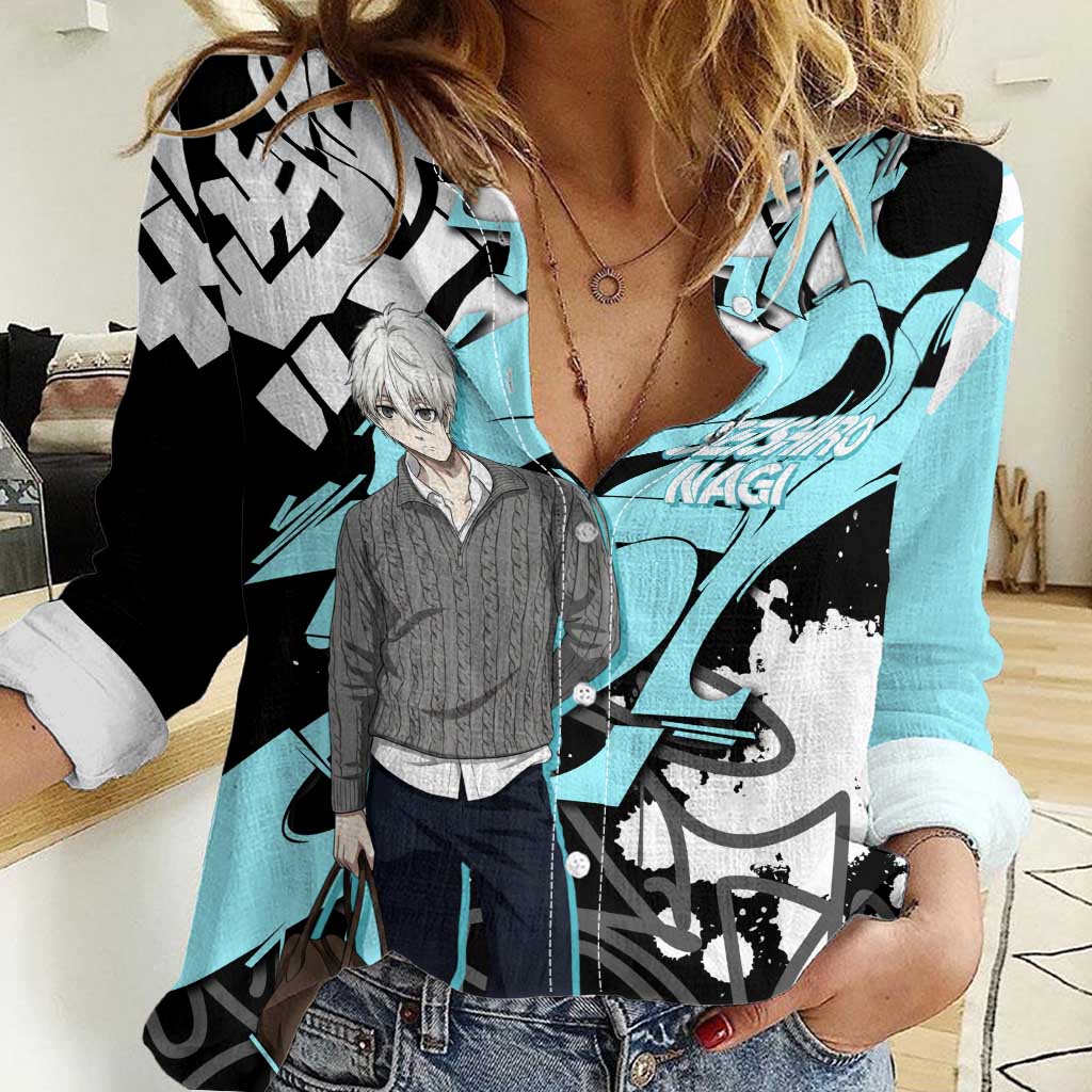 Seishiro Nagi Blue Lock Women Casual Shirt Light Blue Graffiti Anime Style