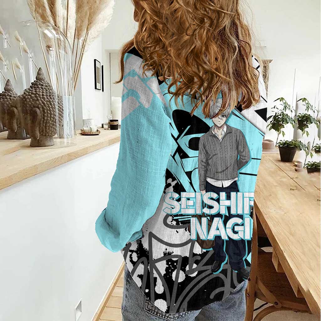 Seishiro Nagi Blue Lock Women Casual Shirt Light Blue Graffiti Anime Style