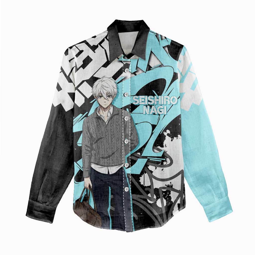 Seishiro Nagi Blue Lock Women Casual Shirt Light Blue Graffiti Anime Style