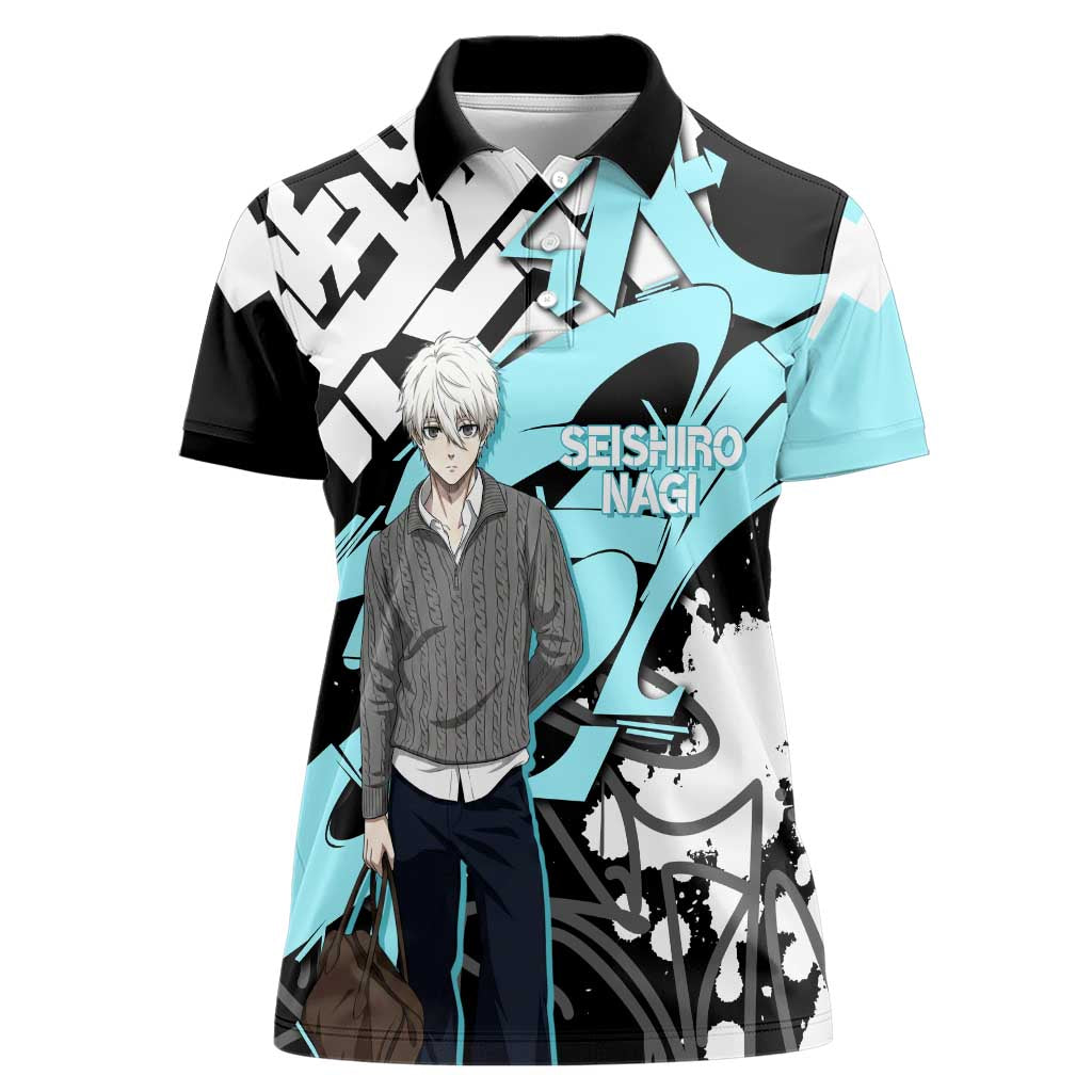 Seishiro Nagi Blue Lock Women Polo Shirt Light Blue Graffiti Anime Style