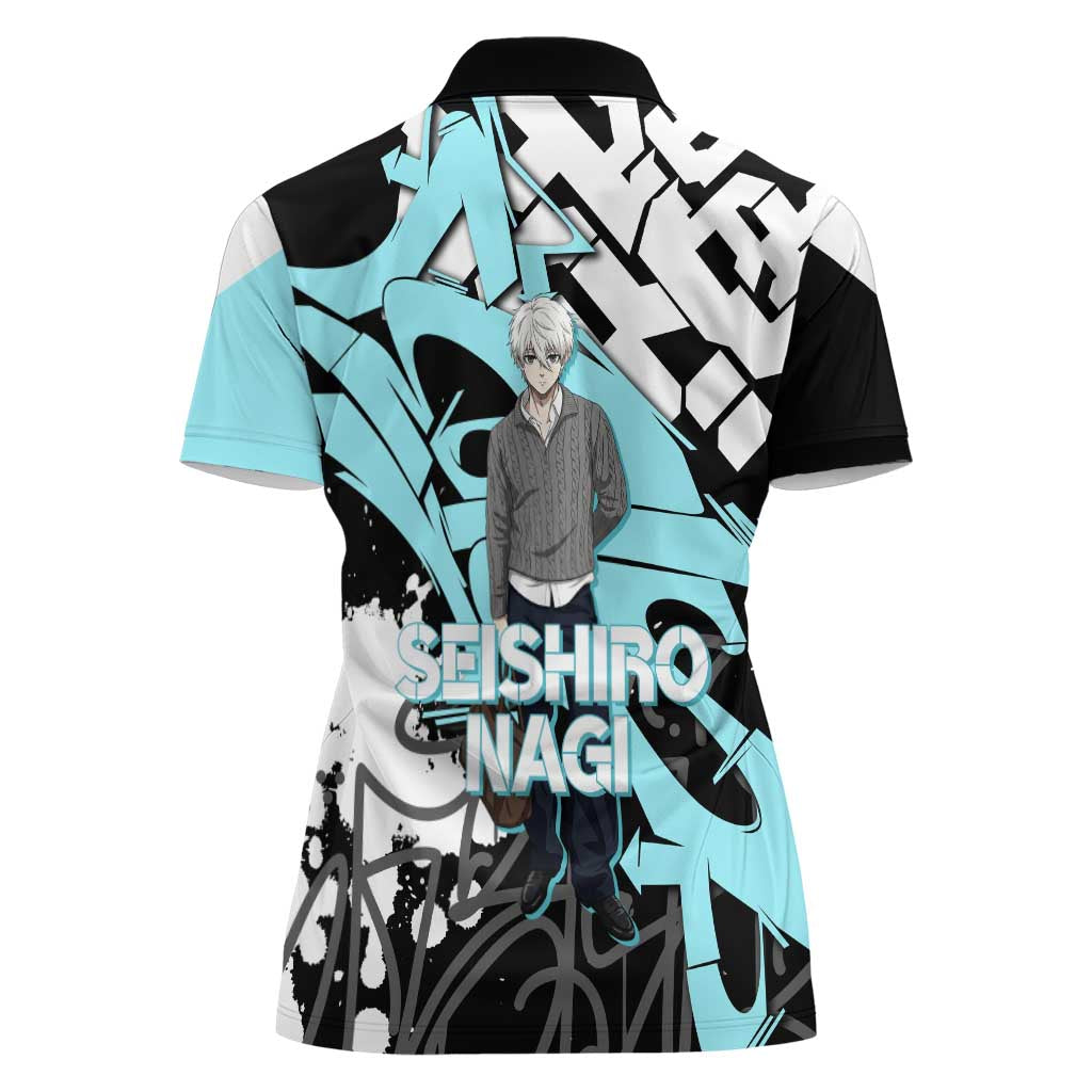 Seishiro Nagi Blue Lock Women Polo Shirt Light Blue Graffiti Anime Style