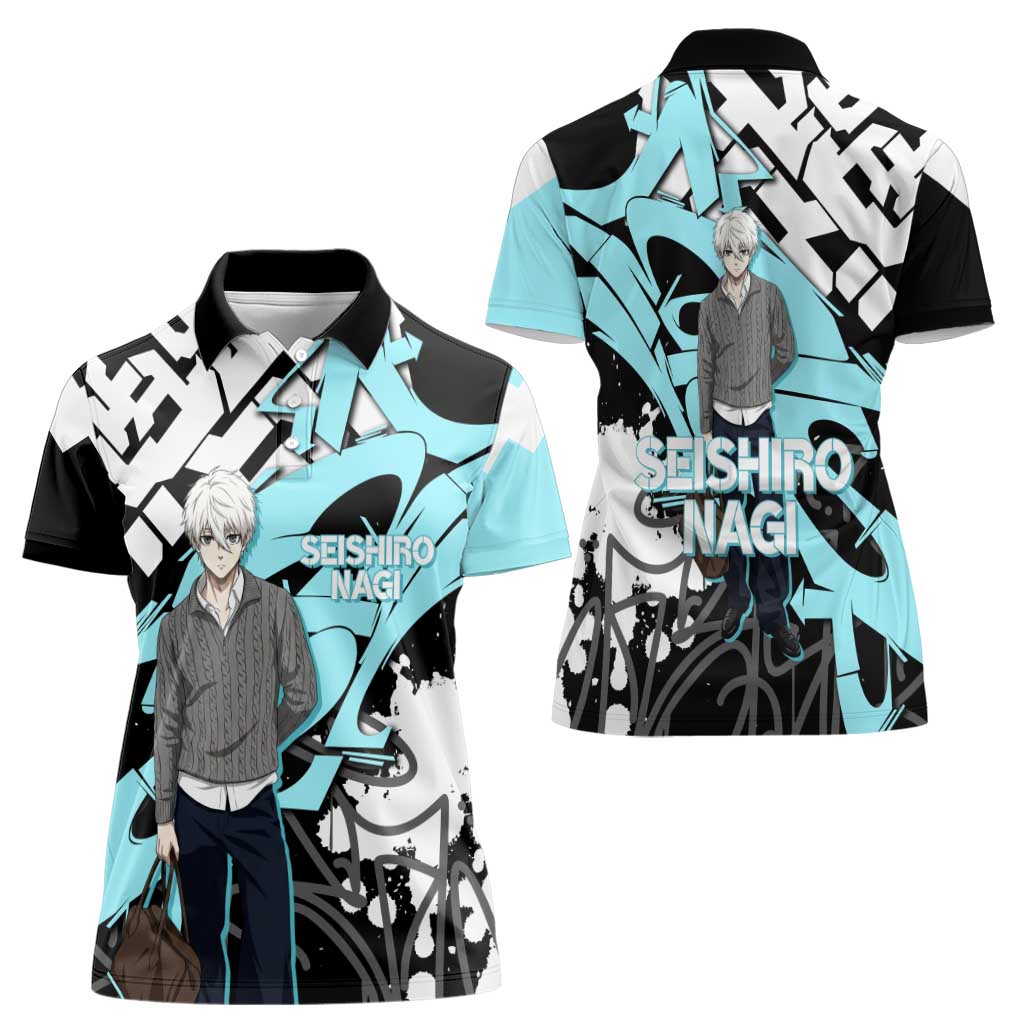Seishiro Nagi Blue Lock Women Polo Shirt Light Blue Graffiti Anime Style