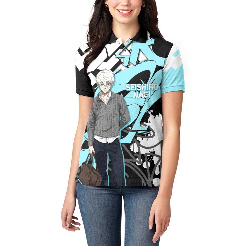 Seishiro Nagi Blue Lock Women Polo Shirt Light Blue Graffiti Anime Style