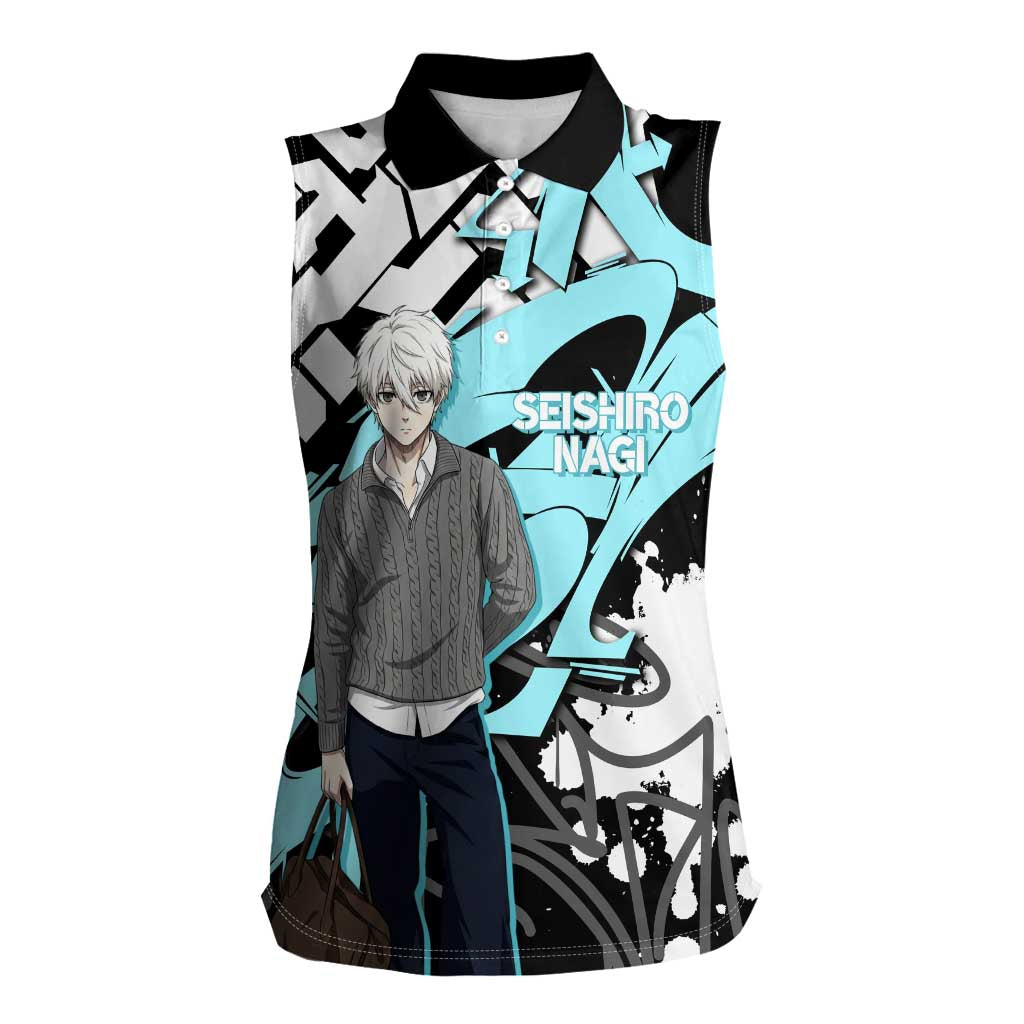 Seishiro Nagi Blue Lock Women Sleeveless Polo Shirt Light Blue Graffiti Anime Style