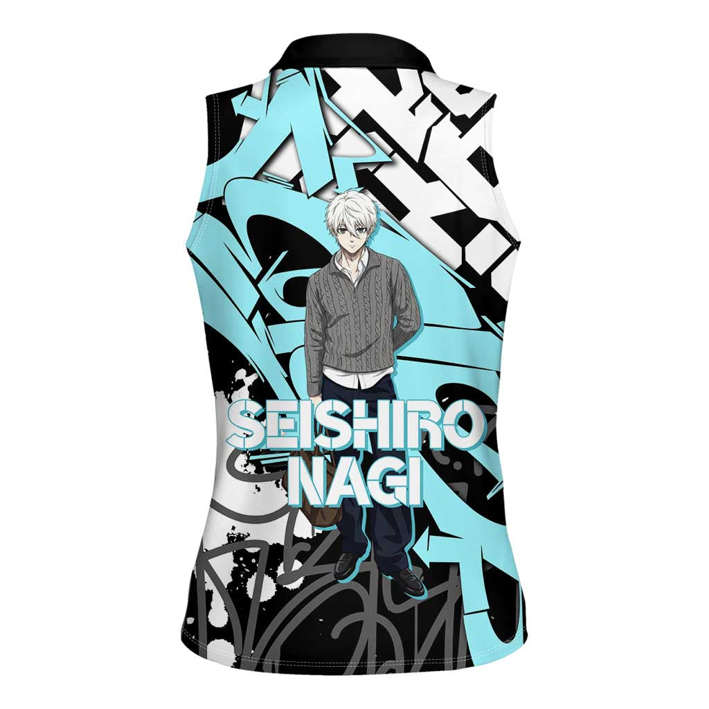 Seishiro Nagi Blue Lock Women Sleeveless Polo Shirt Light Blue Graffiti Anime Style