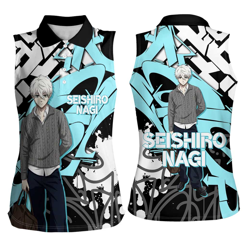 Seishiro Nagi Blue Lock Women Sleeveless Polo Shirt Light Blue Graffiti Anime Style