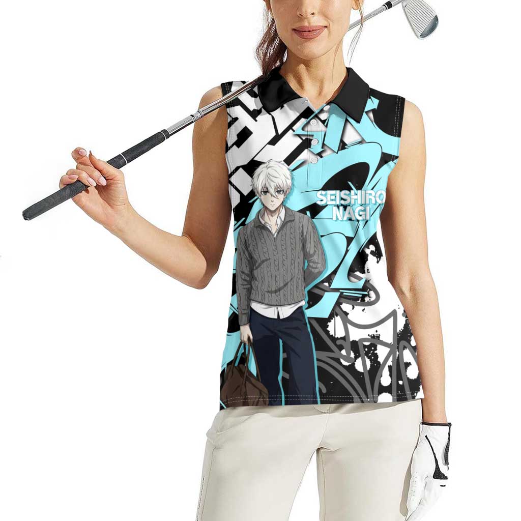 Seishiro Nagi Blue Lock Women Sleeveless Polo Shirt Light Blue Graffiti Anime Style
