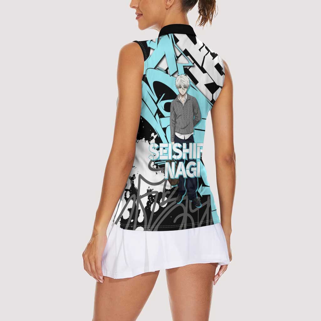 Seishiro Nagi Blue Lock Women Sleeveless Polo Shirt Light Blue Graffiti Anime Style