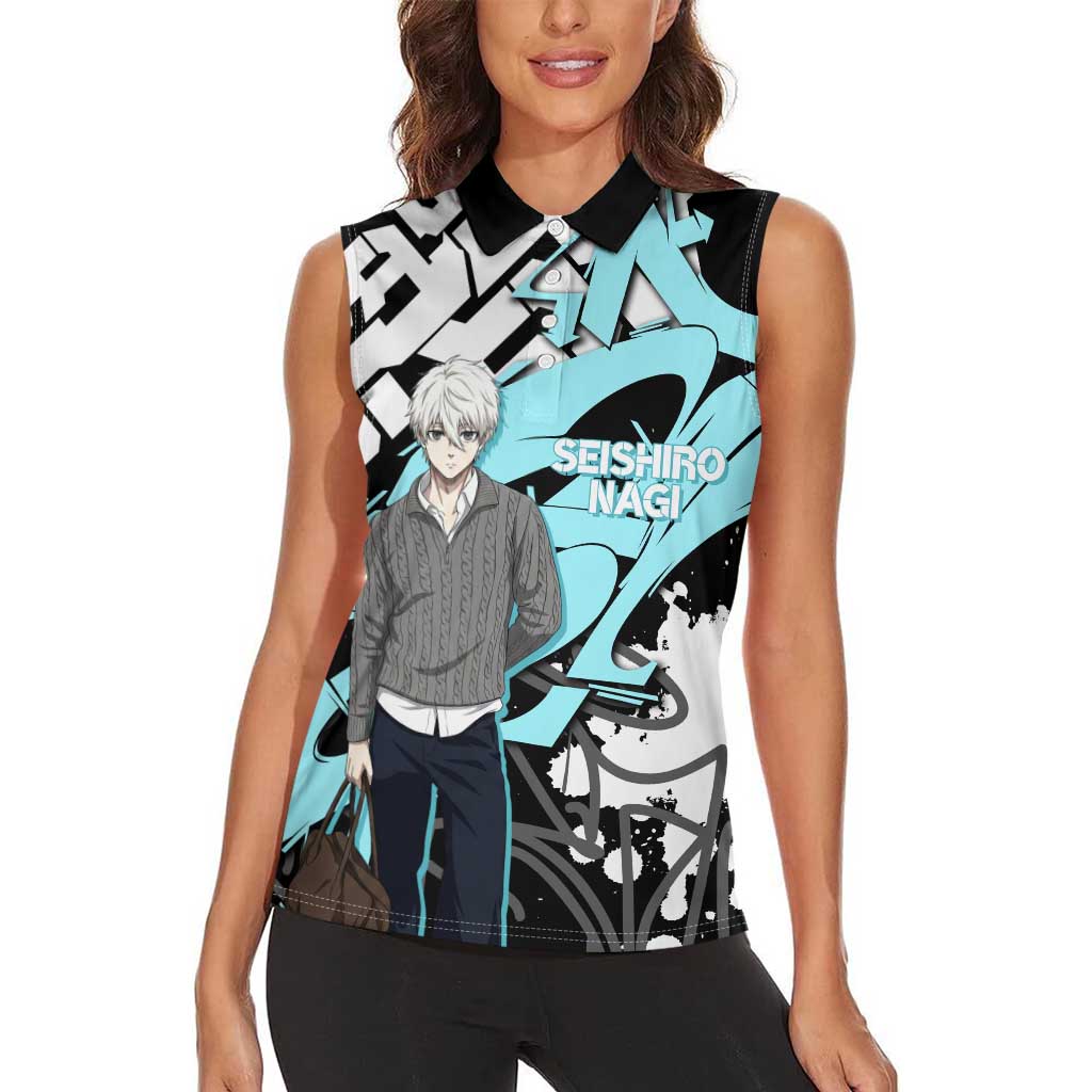 Seishiro Nagi Blue Lock Women Sleeveless Polo Shirt Light Blue Graffiti Anime Style
