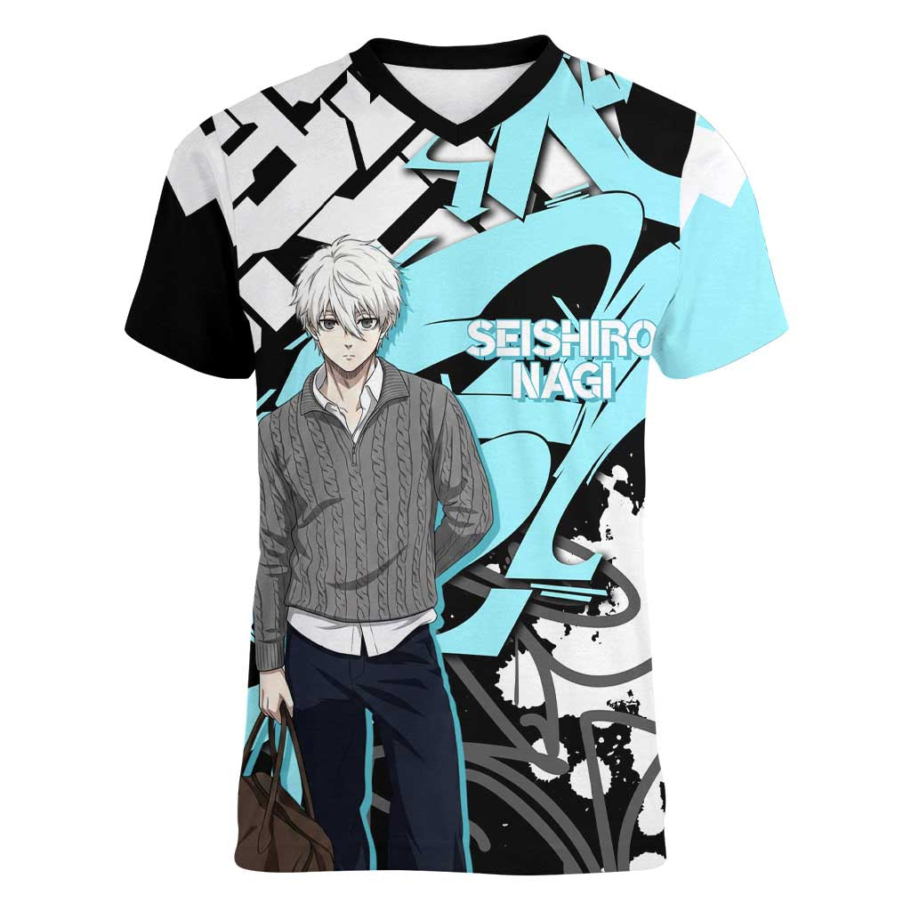 Seishiro Nagi Blue Lock Women V-Neck T-Shirt Light Blue Graffiti Anime Style
