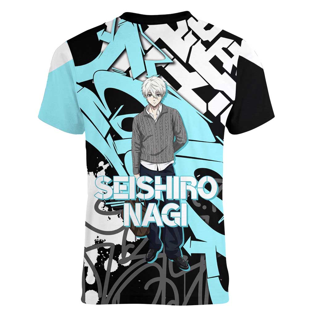 Seishiro Nagi Blue Lock Women V-Neck T-Shirt Light Blue Graffiti Anime Style