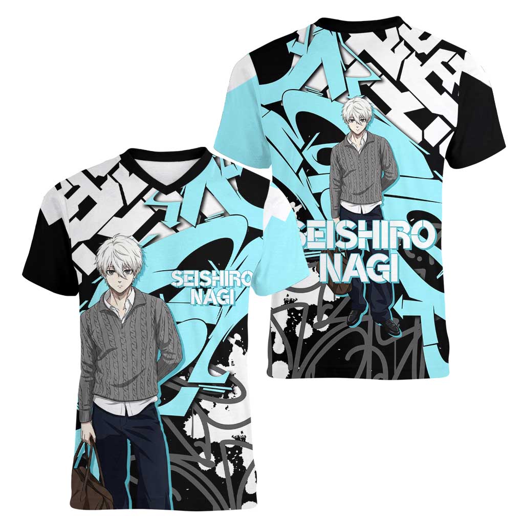 Seishiro Nagi Blue Lock Women V-Neck T-Shirt Light Blue Graffiti Anime Style