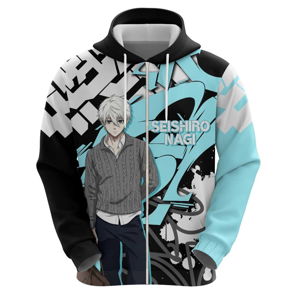 Seishiro Nagi Blue Lock Zip Hoodie Light Blue Graffiti Anime Style