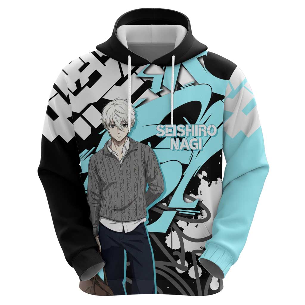 Seishiro Nagi Blue Lock Zip Hoodie Light Blue Graffiti Anime Style