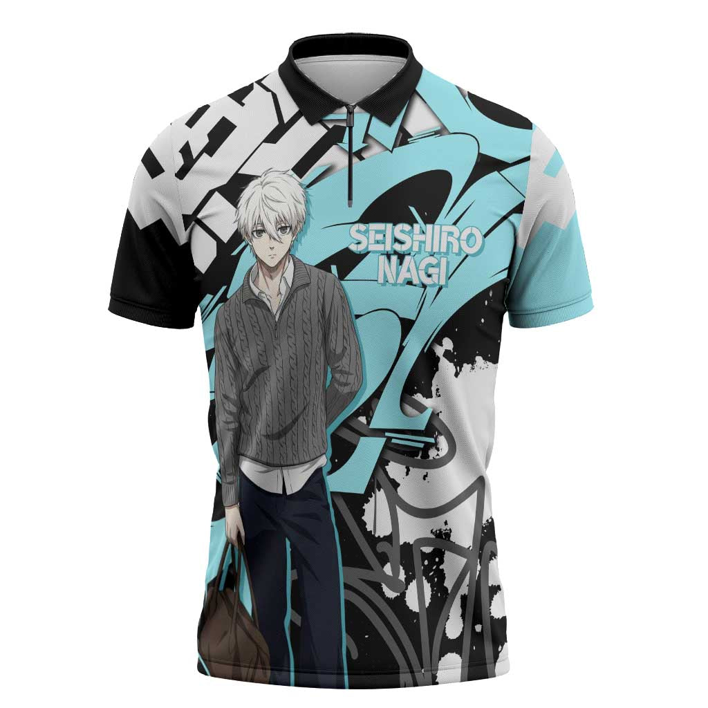 Seishiro Nagi Blue Lock Zipper Polo Shirt Light Blue Graffiti Anime Style