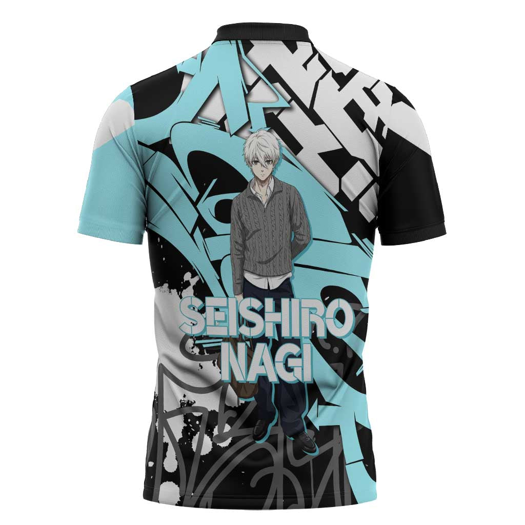 Seishiro Nagi Blue Lock Zipper Polo Shirt Light Blue Graffiti Anime Style