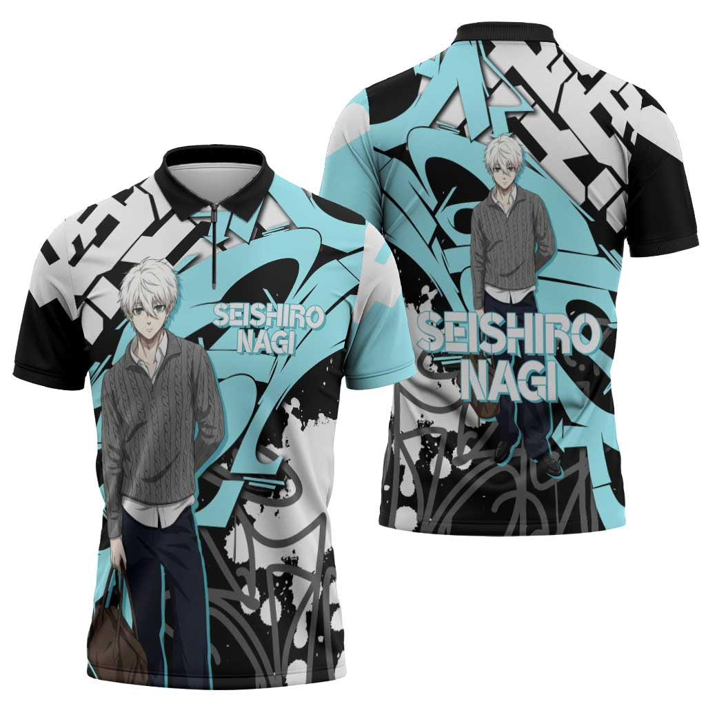 Seishiro Nagi Blue Lock Zipper Polo Shirt Light Blue Graffiti Anime Style