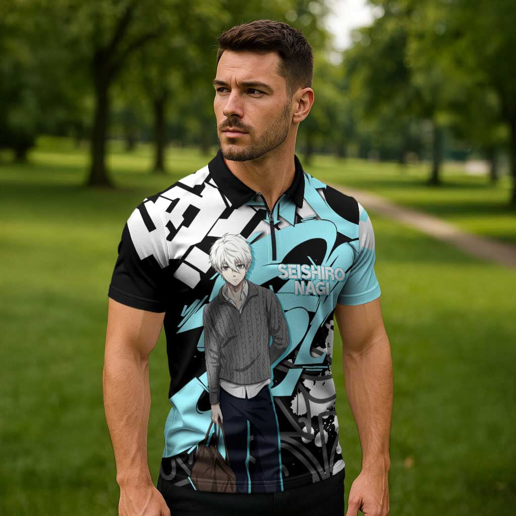 Seishiro Nagi Blue Lock Zipper Polo Shirt Light Blue Graffiti Anime Style