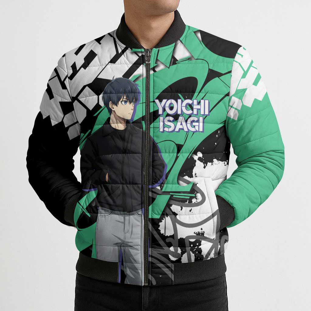 Yoichi Isagi Blue Lock Bomber Puffer Jacket Green Graffiti Anime Aesthetic