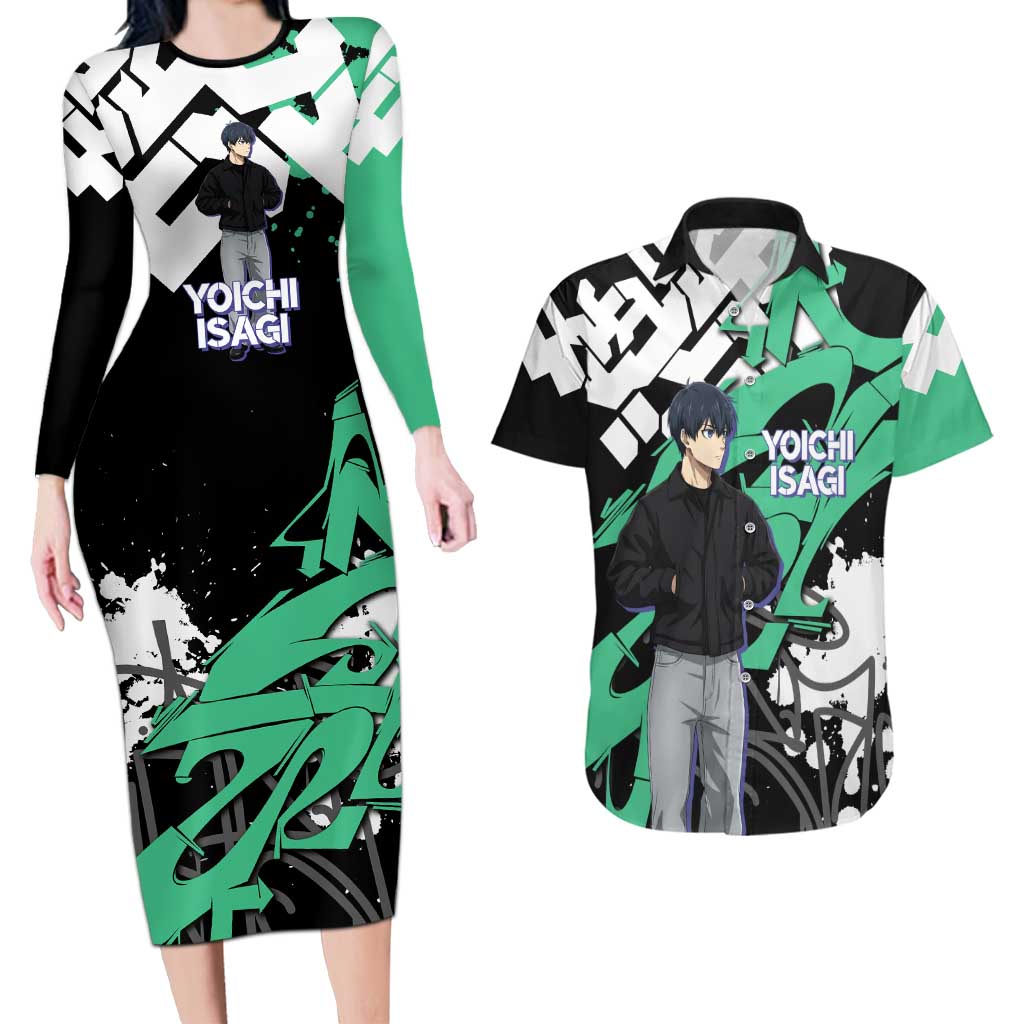 Yoichi Isagi Blue Lock Couples Matching Long Sleeve Bodycon Dress and Hawaiian Shirt Green Graffiti Anime Aesthetic