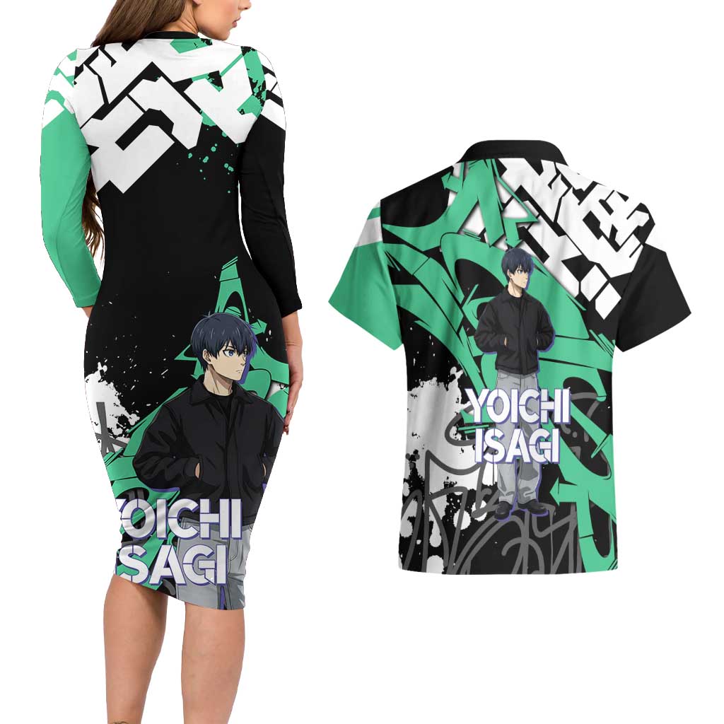 Yoichi Isagi Blue Lock Couples Matching Long Sleeve Bodycon Dress and Hawaiian Shirt Green Graffiti Anime Aesthetic