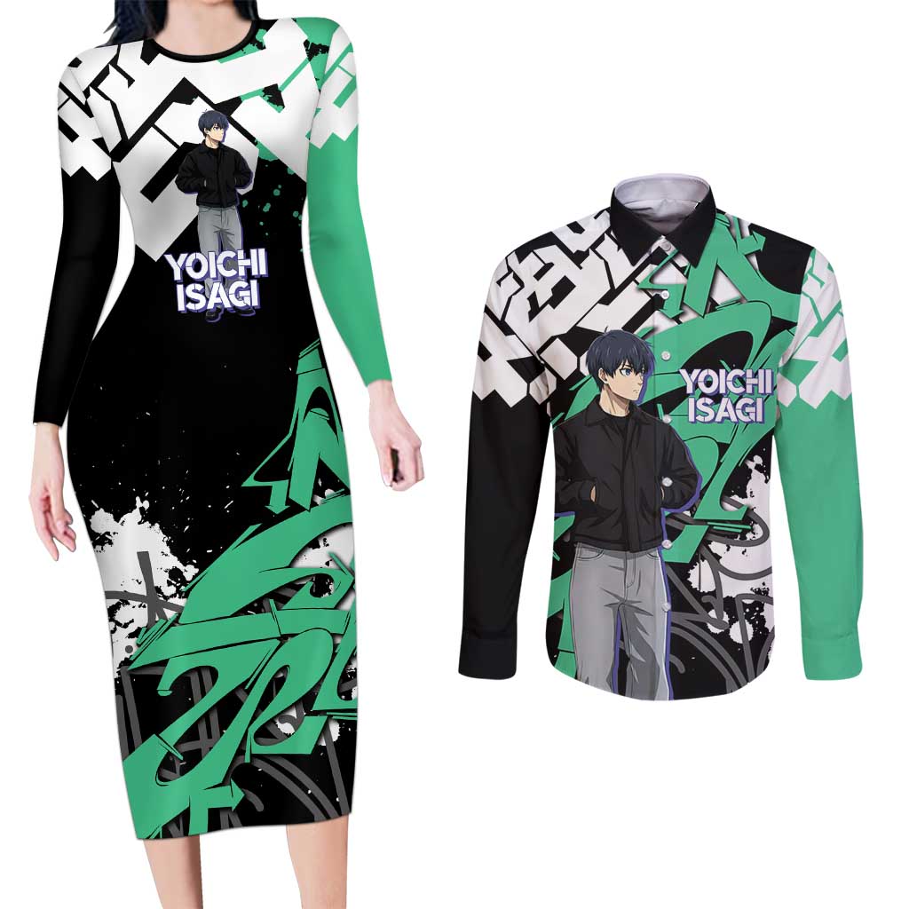 Yoichi Isagi Blue Lock Couples Matching Long Sleeve Bodycon Dress and Long Sleeve Button Shirt Green Graffiti Anime Aesthetic