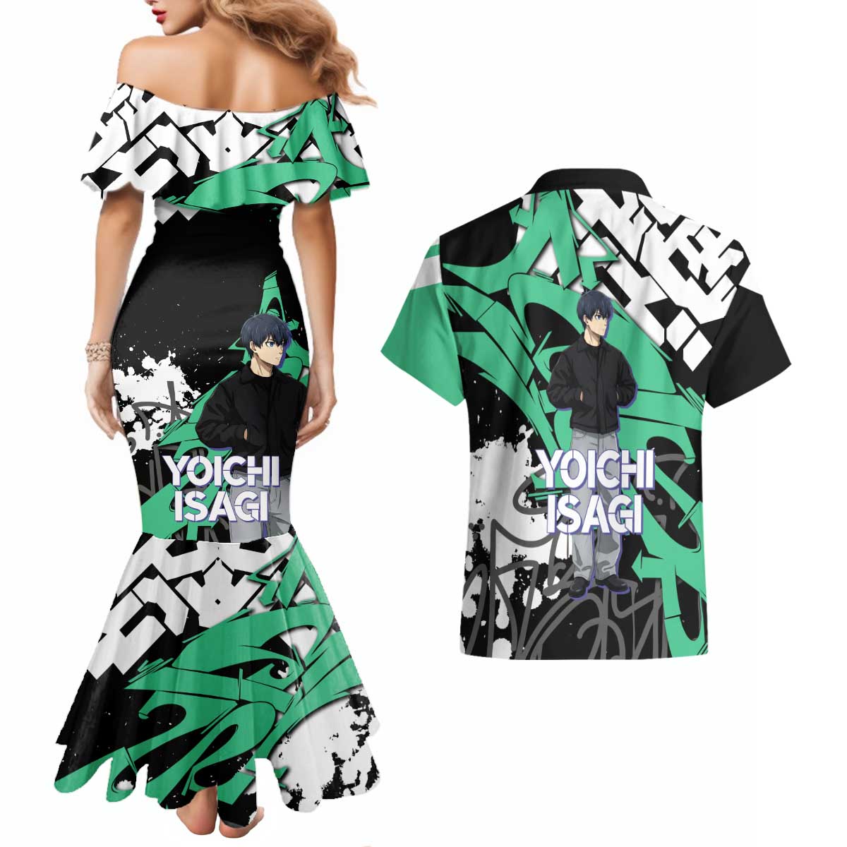Yoichi Isagi Blue Lock Couples Matching Mermaid Dress and Hawaiian Shirt Green Graffiti Anime Aesthetic